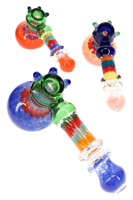 Assorted 8½″ frit glass hammer bubblers with multicolor stripes, raised rings, and long bodies