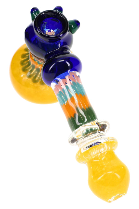 8½″ frit striped glass hammer bubbler with colorful bowl, raised ring accents, and curved mouthpiece