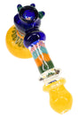 8½″ frit striped glass hammer bubbler with colorful bowl, raised ring accents, and curved mouthpiece