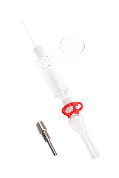Clear mini dab straw with red clip ring beside glass dish and titanium tip, compact 10 mm kit flat lay view