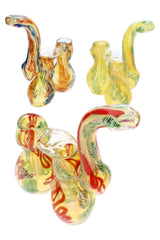 Three 8″ double-chamber Sherlock bubblers with curved necks and red, green, blue, and orange stripes