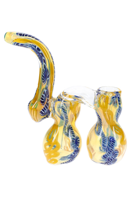 Yellow and blue 8″ Sherlock bubbler with two rounded chambers, curved neck, and squiggle stripes