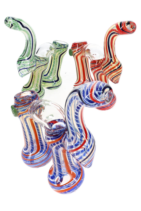 Three 7½″ double-chamber Sherlock bubblers with curved necks and blue, red, green, and orange stripes