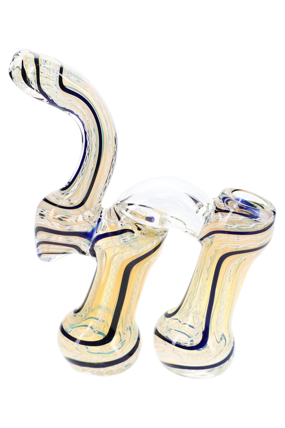 Clear and pale yellow 7½″ double-chamber Sherlock bubbler with dark blue stripes and tall mouthpiece