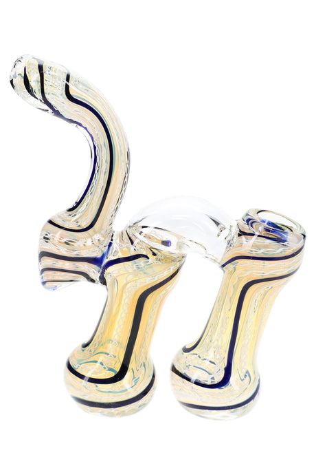 Clear and pale yellow 7½″ double-chamber Sherlock bubbler with dark blue stripes and tall mouthpiece