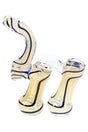 Clear and pale yellow 7½″ double-chamber Sherlock bubbler with dark blue stripes and tall mouthpiece