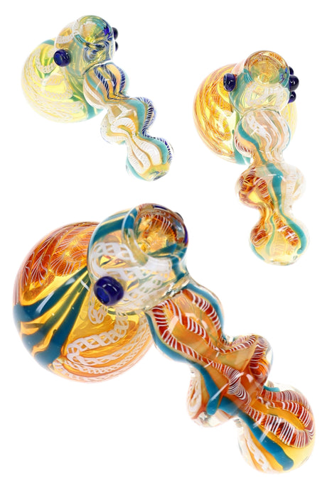 6″ color-changing glass hammer bubbler with multicolor stripe accents and compact curved body