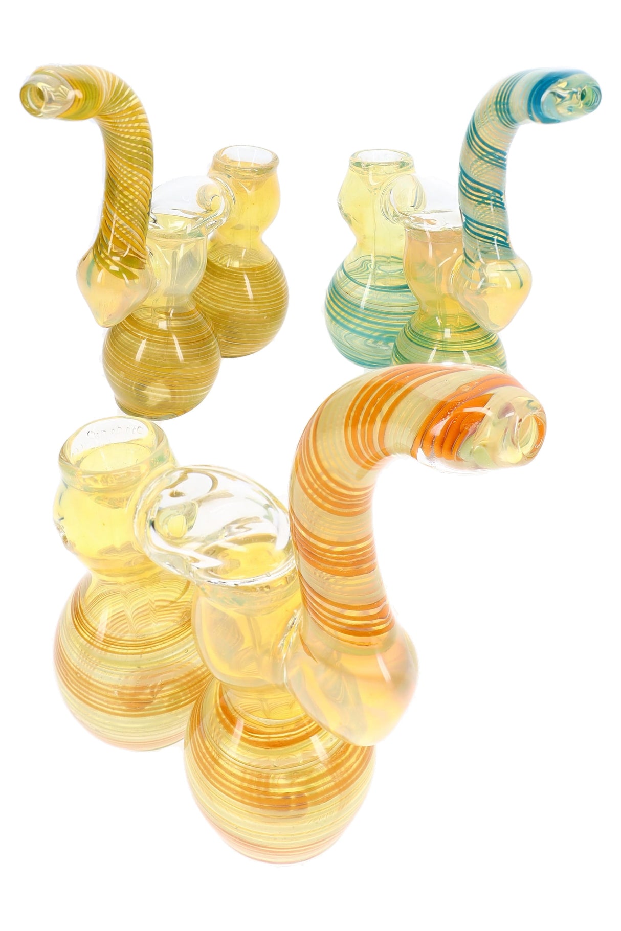 Assorted 8″ double-chamber Sherlock bubblers with color-changing glass and multicolor spiral stripes
