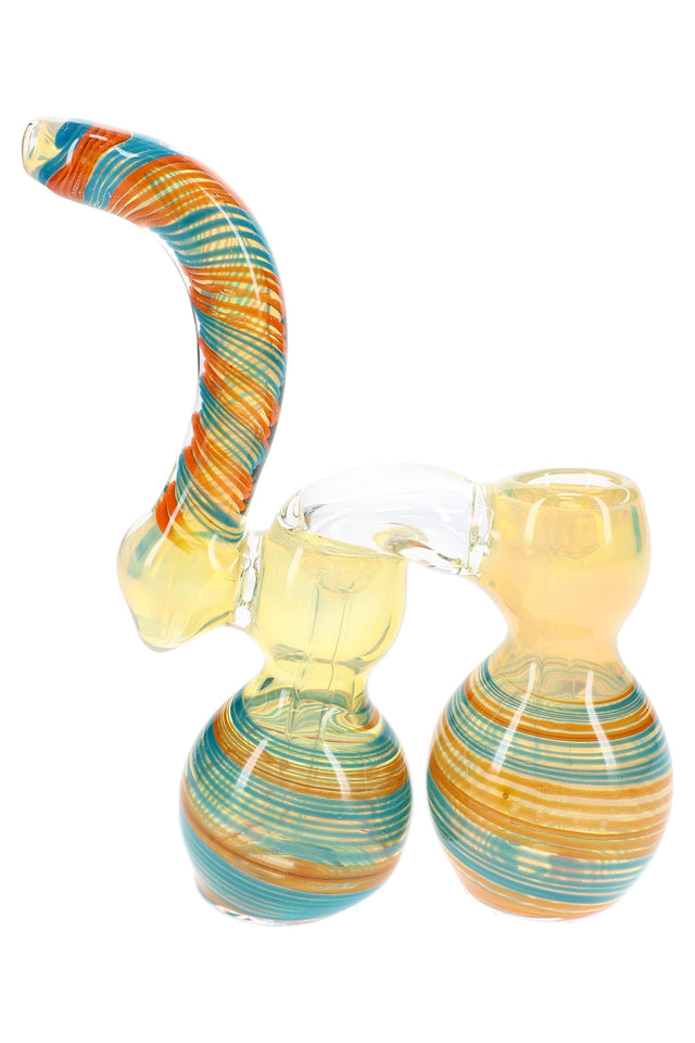 8″ color-changing double-chamber Sherlock glass bubbler with curved neck and bright striped accents