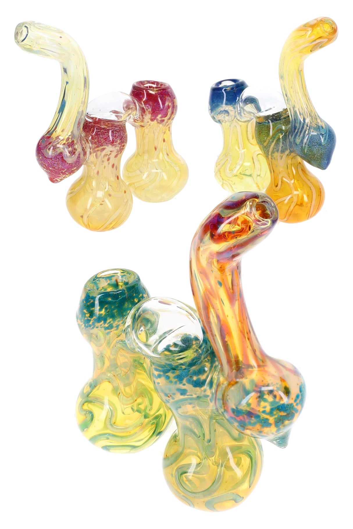 Multiple 7″ Sherlock glass bubblers with curved necks, double chambers, and colorful frit accents