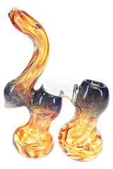 Front view of a 7″ amber and blue frit glass Sherlock bubbler with two rounded chambers