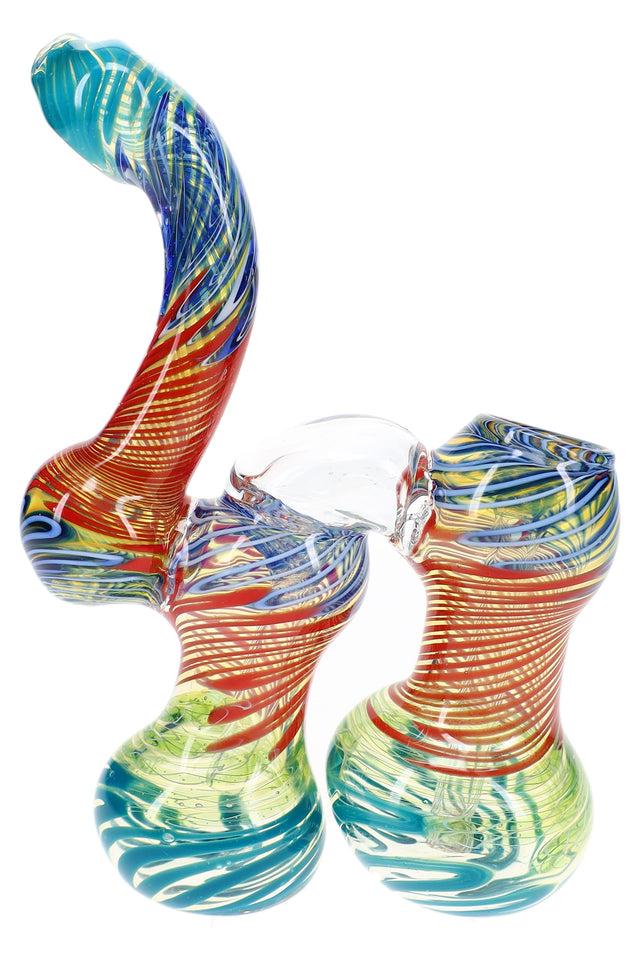 7½″ color-changing double-chamber Sherlock glass bubbler with curved neck and striped accents
