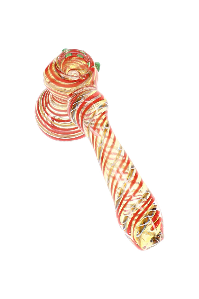 5½″ color-changing hammer bubbler with amber body, red spiral stripes, and rounded water chamber