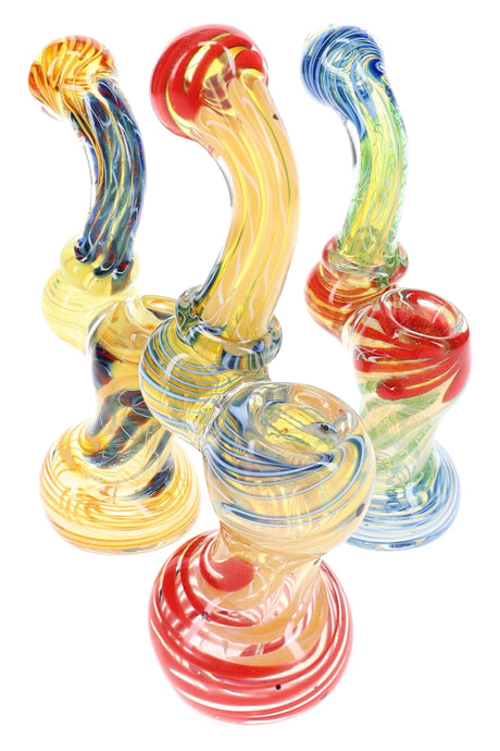 Assorted 5½″ color-changing glass Sherlock bubblers with multicolor stripe accents and curved bodies
