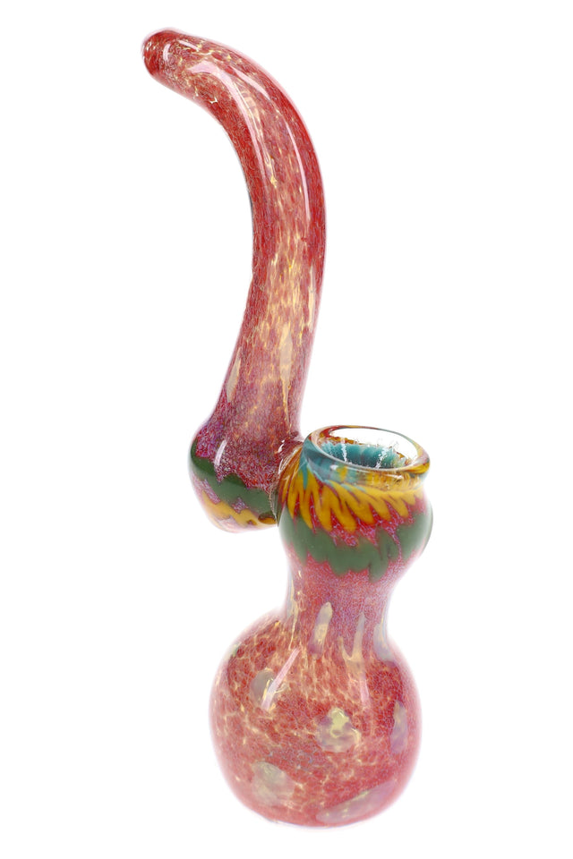 6½″ silver fumed frit Sherlock bubbler with red-orange body, curved neck, and worked bowl