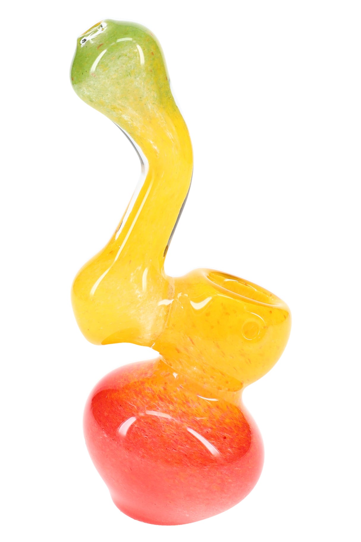 Rasta frit sherlock glass bubbler with green-to-yellow neck and red base, 5½″ handheld size