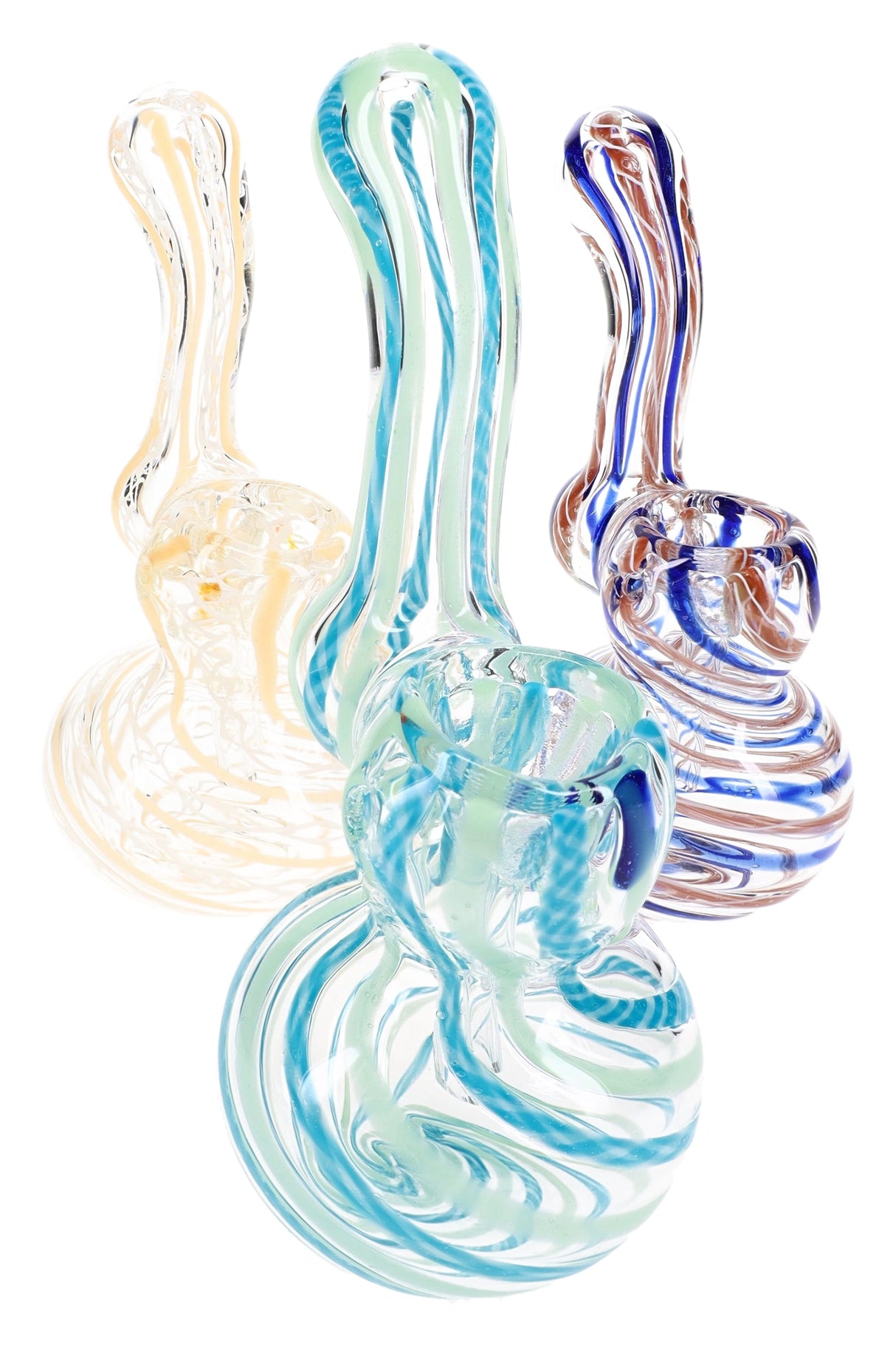 Assorted 5″ clear striped Sherlock glass bubbler set with vertical color accents, grouped on white backdrop