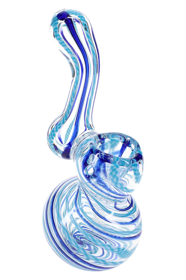 Single 5″ clear striped Sherlock glass bubbler with blue vertical stripe accents, side profile on white backdrop