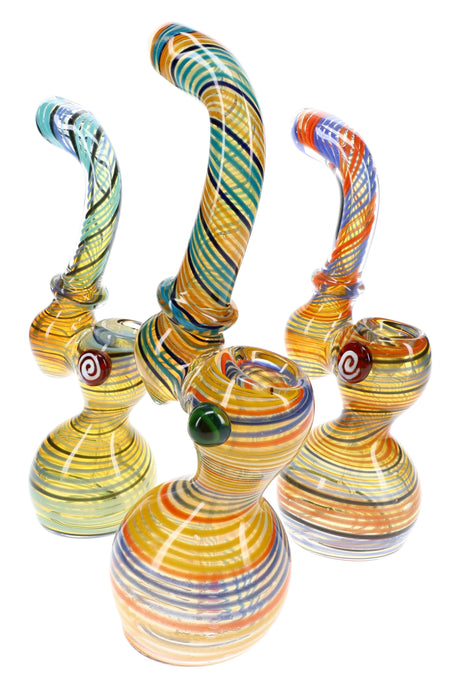Assorted 7½″ color-changing striped Sherlock glass bubblers with curved necks and rounded bases