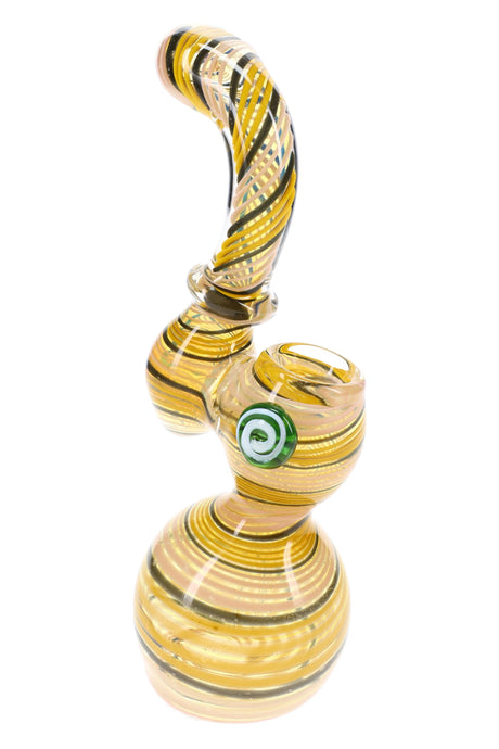 Yellow striped 7½″ Sherlock glass bubbler with curved neck, round base, and green swirl side accent