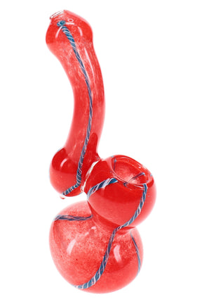 Red 5″ frit striped Sherlock glass bubbler with curved neck, rounded bowl, and colorful accents