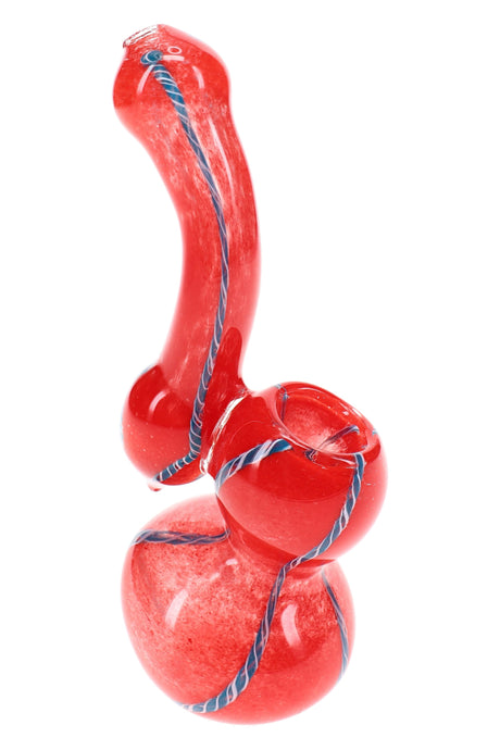 Red 5″ frit striped Sherlock glass bubbler with curved neck, rounded bowl, and colorful accents