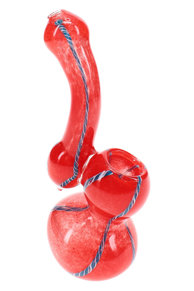 Red 5″ frit striped Sherlock glass bubbler with curved neck, rounded bowl, and colorful accents