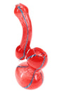 Red 5″ frit striped Sherlock glass bubbler with curved neck, rounded bowl, and colorful accents