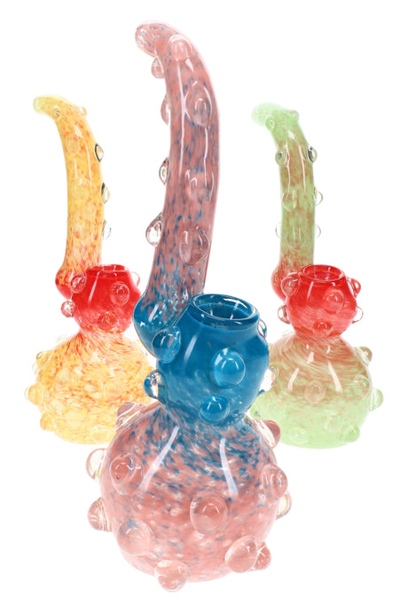 Assorted 9″ thick frit Sherlock glass bubblers with curved necks and colorful marble accents