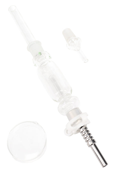Large 12-inch glass dab straw kit with 18.8 mm titanium tip, metal keck clip, and glass concentrate tray; clear body with green grip marbles, front view on white.