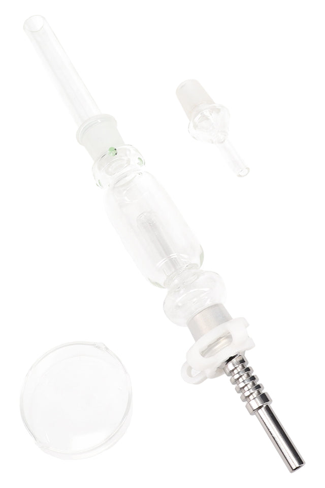 Large 12-inch glass dab straw kit with 18.8 mm titanium tip, metal keck clip, and glass concentrate tray; clear body with green grip marbles, front view on white.