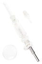 Large 12-inch glass dab straw kit with 18.8 mm titanium tip, metal keck clip, and glass concentrate tray; clear body with green grip marbles, front view on white.