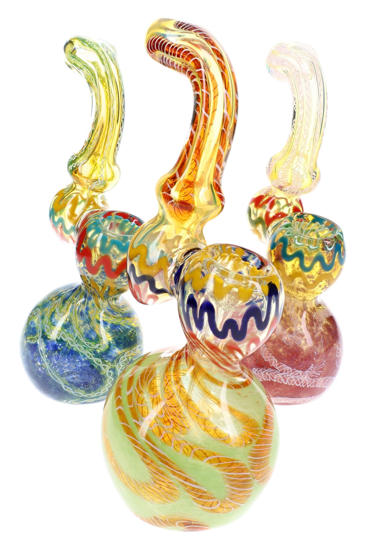 Assorted 7″ silver fumed Sherlock glass bubblers with frit bases, striped accents, and curved necks