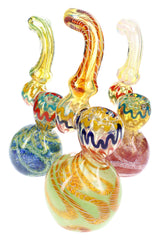 Assorted 7″ silver fumed Sherlock glass bubblers with frit bases, striped accents, and curved necks