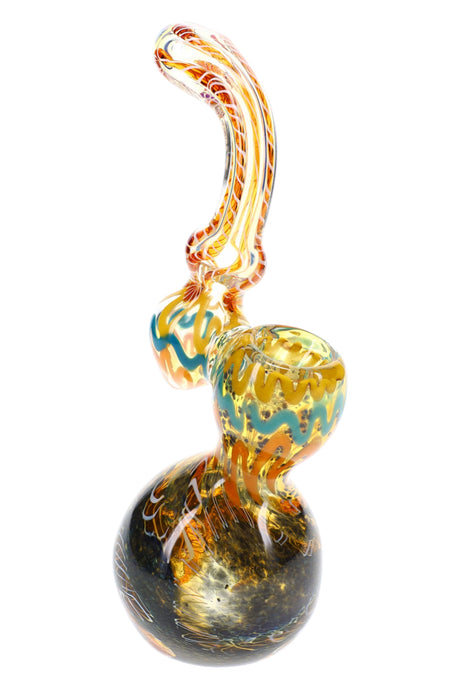 Silver fumed Sherlock glass bubbler with dark frit base, colorful striped bowl, and curved neck