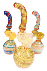Assorted 7″ color-changing glass Sherlock bubblers with multicolor spiral stripes and curved necks
