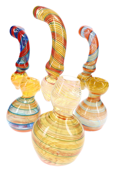 Assorted 7″ color-changing glass Sherlock bubblers with multicolor spiral stripes and curved necks