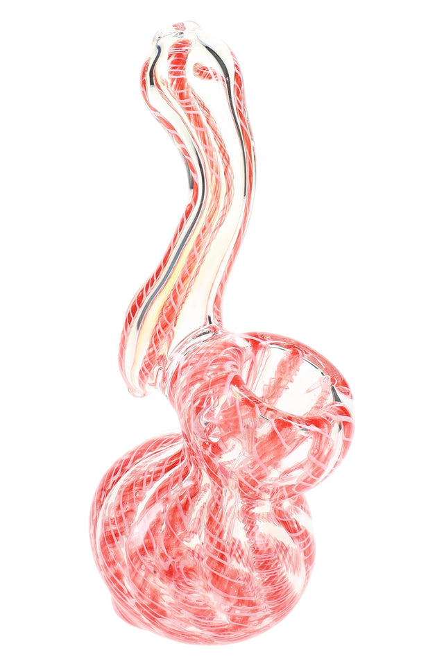 Single red color-changing multicolor striped Sherlock glass bubbler, 5½″, side view on white background