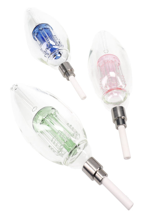 8-inch light bulb–style glass dab straw kit with eight-arm tree perc, screw-on ceramic tip, and matching glass wax tray in assorted accent colors.