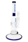 RooR Tech 12″ multicolor bubbler water pipe with ten-arm tree perc and debris catcher, white-and-blue accents, 18.8 mm female joint.