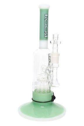 RooR Tech 12″ stemless bubbler water pipe, mint-green and white accents, ten-arm tree perc with debris catcher, 18.8 mm joint.
