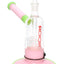 7.5″ RooR Tech bubbler with pink tube, mint accents, wide pink base, clear chamber and barrel perc.