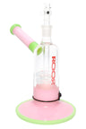 7.5″ RooR Tech bubbler with pink tube, mint accents, wide pink base, clear chamber and barrel perc.