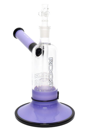 7.5″ RooR Tech glass bubbler, purple tube with black accents, wide purple base, stemless barrel perc.