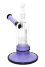 7.5″ RooR Tech glass bubbler, purple tube with black accents, wide purple base, stemless barrel perc.