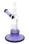 7.5″ RooR Tech glass bubbler, purple tube with black accents, wide purple base, stemless barrel perc.