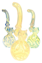 Assorted 7″ color-changing glass bubblers with curved Sherlock shape and striped accents