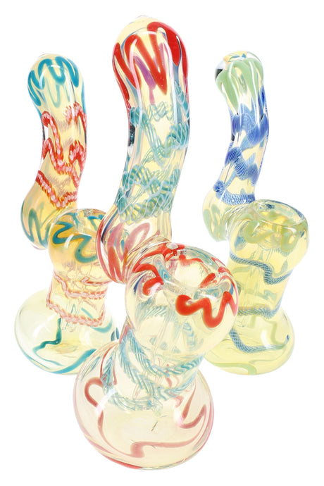 Assorted 5½″ color-changing striped Sherlock glass bubblers, three-piece group photo on white background
