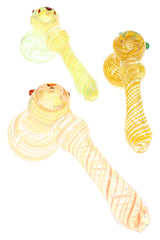 Assorted 5″ color-changing glass hammer bubblers with spiral stripes and compact rounded bodies