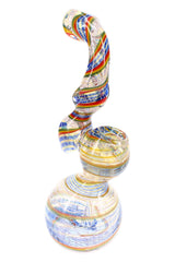 8″ color-changing Rasta striped Sherlock glass bubbler with blue base and curved neck
